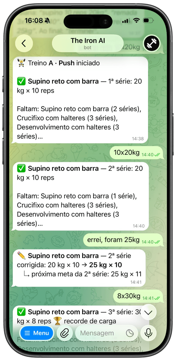 Conversa com o Iron AI registrando uma série de supino